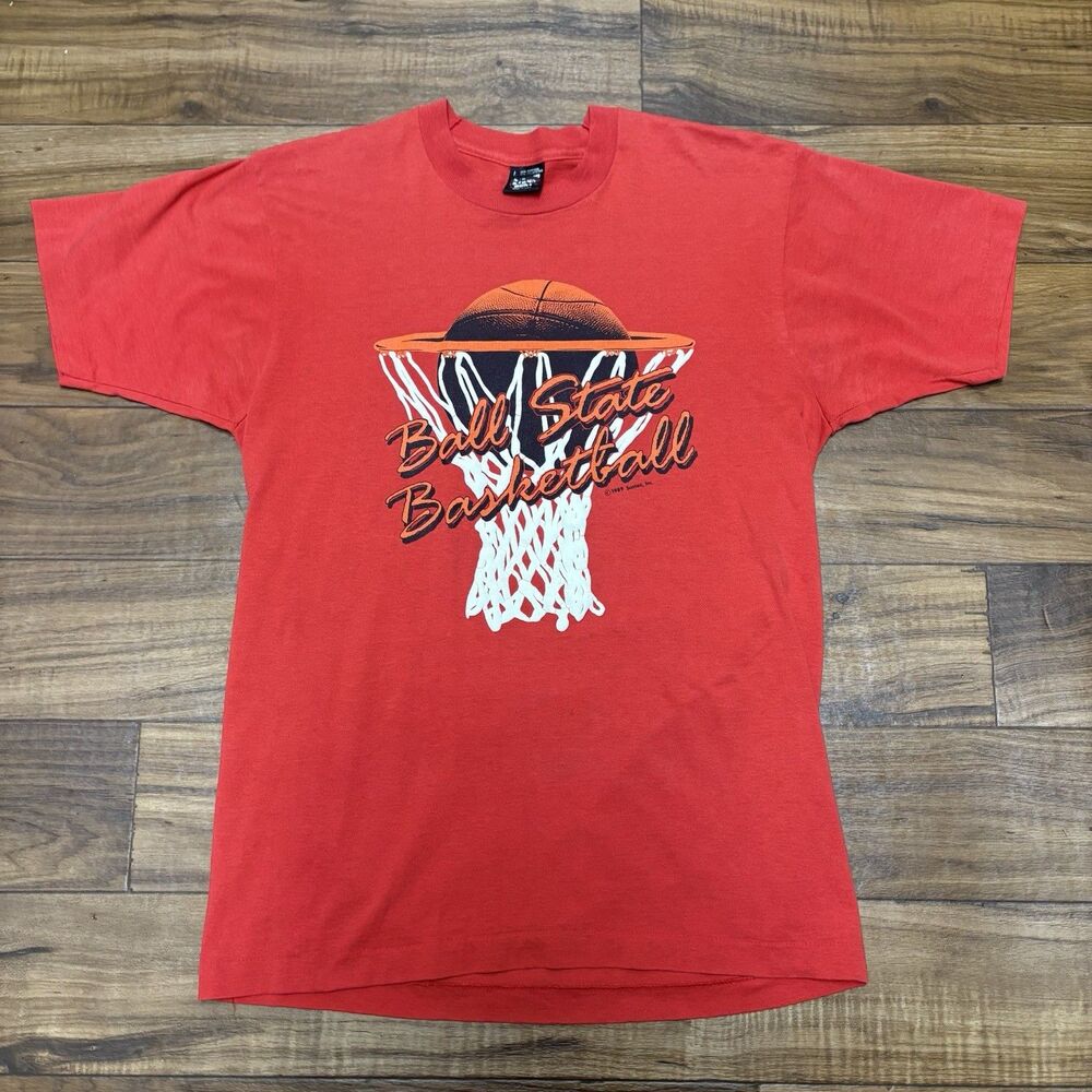 Vintage 1989 Ball State Basketball Puff Print Single Stitch T Shirt Red Size L